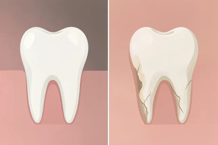 Comparação lado a lado de um dente com tratamento de canal e um dente que necessita de retratamento.