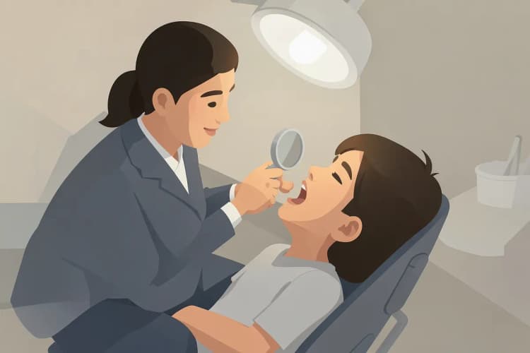 Odontopediatra examinando a boca de uma criança com um espelho dental.