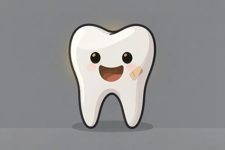 Dente de leite sorrindo com um curativo, simbolizando um dente "feliz" após o tratamento.