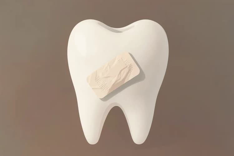 Close-up de um dente de leite com um pequeno curativo, com uma leve sombra indicando desconforto.