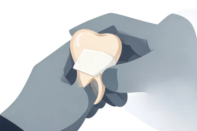 Dente de leite com curativo sendo segurado delicadamente por uma mão com luva.