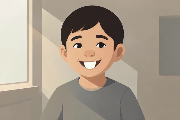 Criança sorrindo confiantemente, mostrando um dente saudável após tratamento.