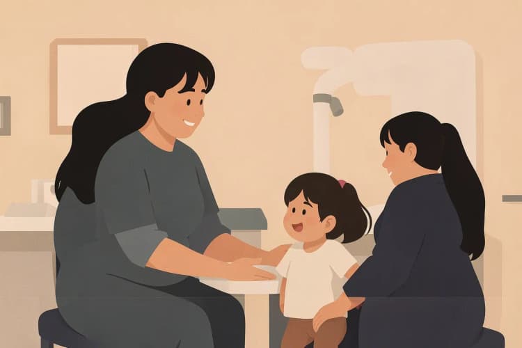 Odontopediatra conversando com uma criança e seus pais em um consultório.