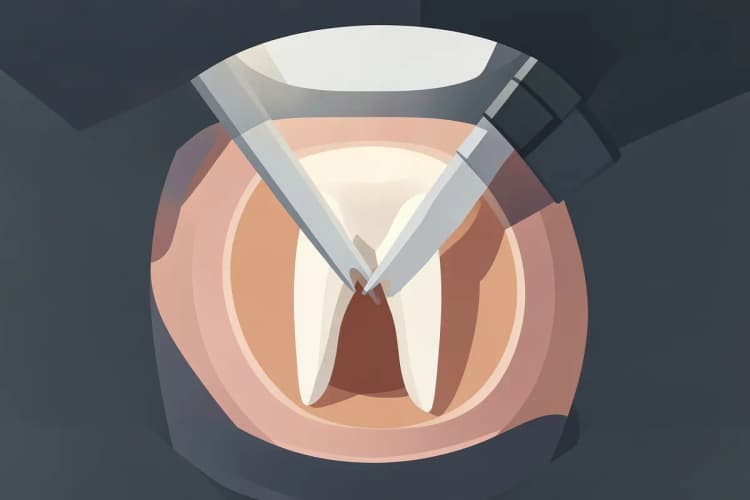 Close-up de um dente sendo tratado com instrumento de alta precisão sob microscópio.