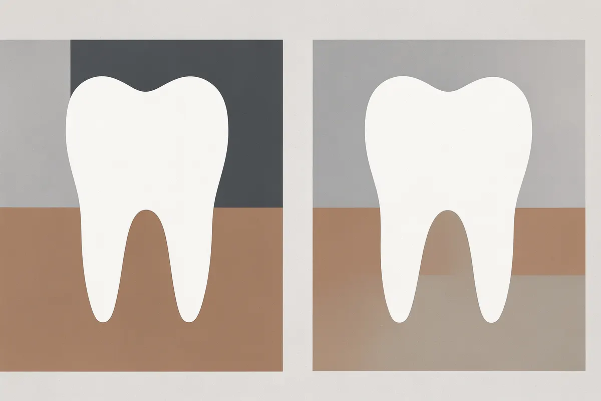 Comparação lado a lado de um dente tratado com e sem microscopia, mostrando a precisão.
