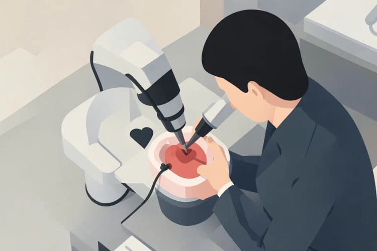Dentista operando um microscópio odontológico com precisão em um dente.