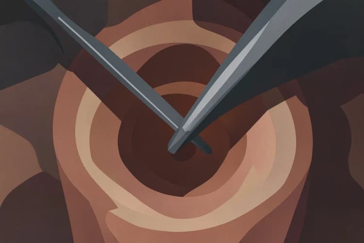 Instrumento odontológico fino trabalhando delicadamente dentro de um canal radicular.