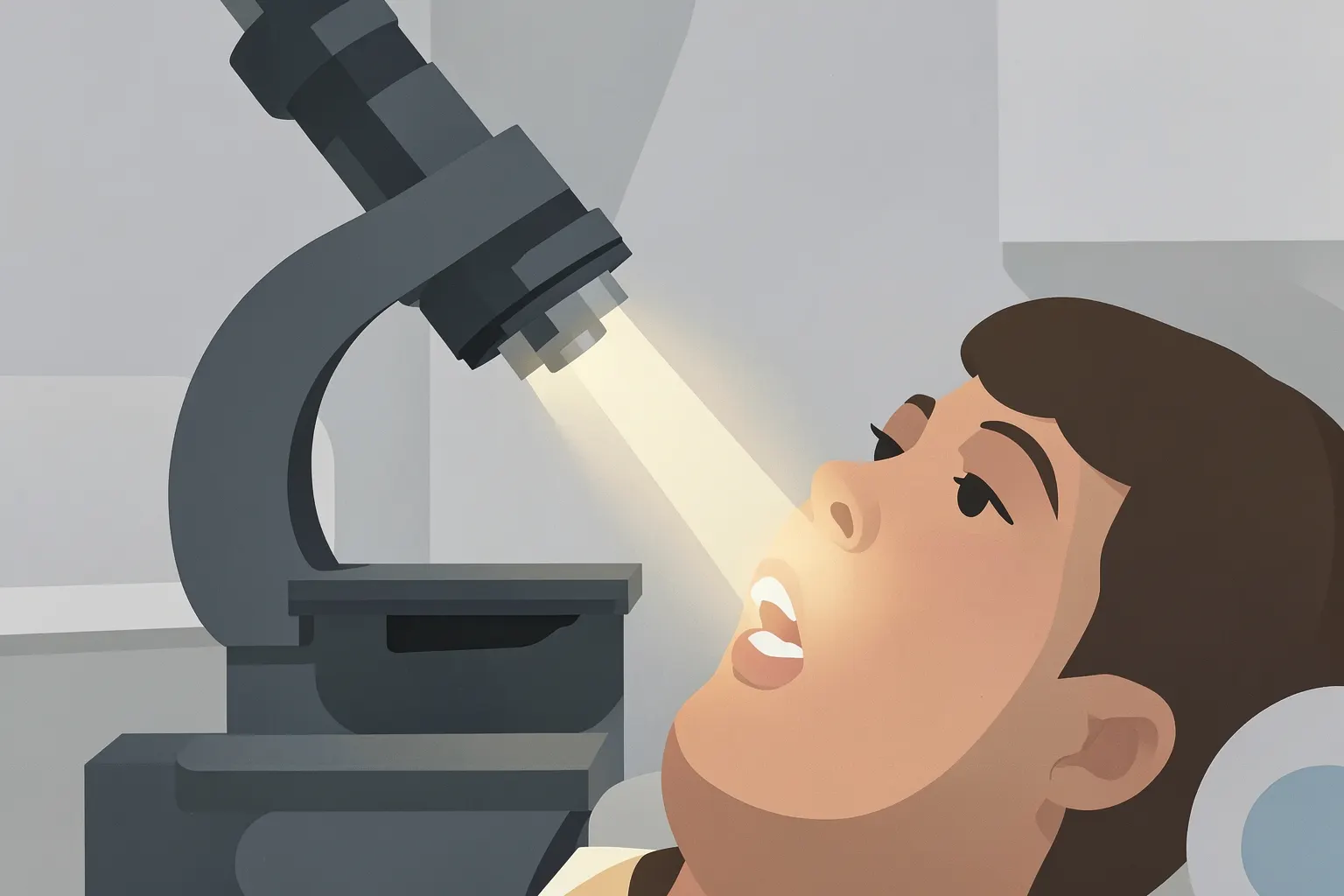 Microscópio odontológico em uso, com foco em um dente.